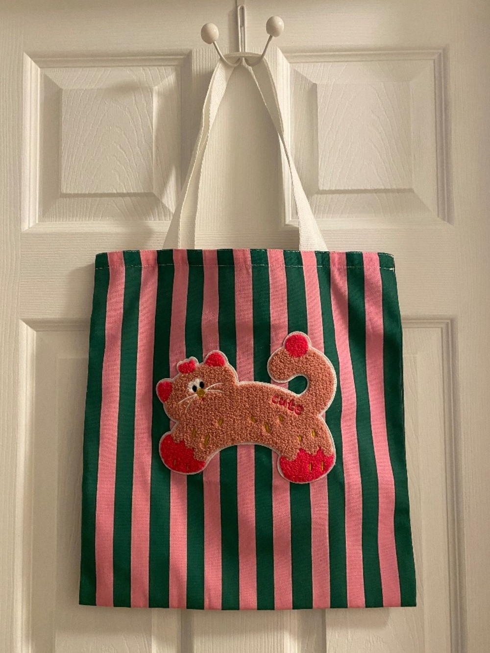 Fuzzy Cat Stripe Tote Bag-Pink & Green Tufted Cat Appliqué